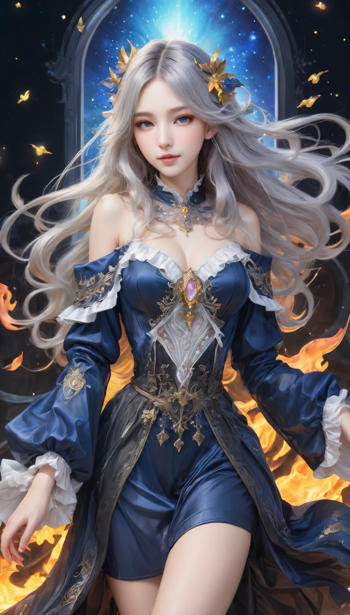 8K resolution, masterpiece, Highest quality, Award-winning works, unrealistic, From above, sole sexy lady, healthy shaped body, 22 years old, black mage, 165cm tall, huge firm bouncing busts,, white silver long wavy hair, Detailed facial depictions, Break, Mysterious blue eyes, Standard nose, Eyeliner, pink lips, sexy long legs, Clear skin, holy knight, Gothic ruffle long dress, A dress with a complex structure, Seven-colored colorful dress, Clothed in flames, royal coat of arms, elegant, Very detailed, Delicate depiction of hair, miniature painting, Digital Painting, artステーション, コンセプトart, Smooth, Sharp focus, shape, artジャム、Greg Rutkowski、Alphonse Mucha、William Adolphe Bouguereau、art：Stephanie Law , Royal Jewel, nature, Symmetric, Greg Rutkowski, Charlie Bowwater, Unreal, Surreal, Dynamic Lighting, ファンタジーart, Complex colors, Colorful magic circle, flash, dynamic sexy poses, A kind smile, Mysterious Background, Aura, A gentle gaze, BREAK, Small faint lights and flying fireflies, night, lanthanum, 山の頂From above下界を見下ろす, Starry Sky, milky way, nebula, shooting star