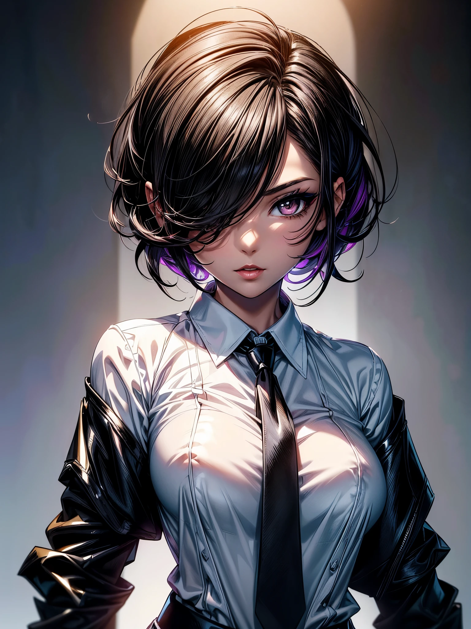 (masterpiece)(8k)(cute)(25-year old woman)(1girl:1.5)(solo:1.8)(wild hair:1.3)(short hair:1.3)(black brown hair)(shiny hair:1.2)(hair over one eye:1.5)(hairbun:1.2)(flat chest:1.3)(black pupils:1.4)(glossy skin:1.4)(glossy lips)(dark, glossy eye-shadow:1.5)(dark eyelashes:1.4)(white office shirt:1.6)(long black necktie:1.4)(piercing:1.2)(seductive pose:1.3)(city night:1.2) rossdraws pastel vibrant, rossdraws cartoon vibrant, style anime 8k, beautiful portrait, artgerm colorful!!!, ! dream artgerm, beautiful anime girl, styled digital art, art wallpaper 8k, digital art, extremely detailed artgerm,