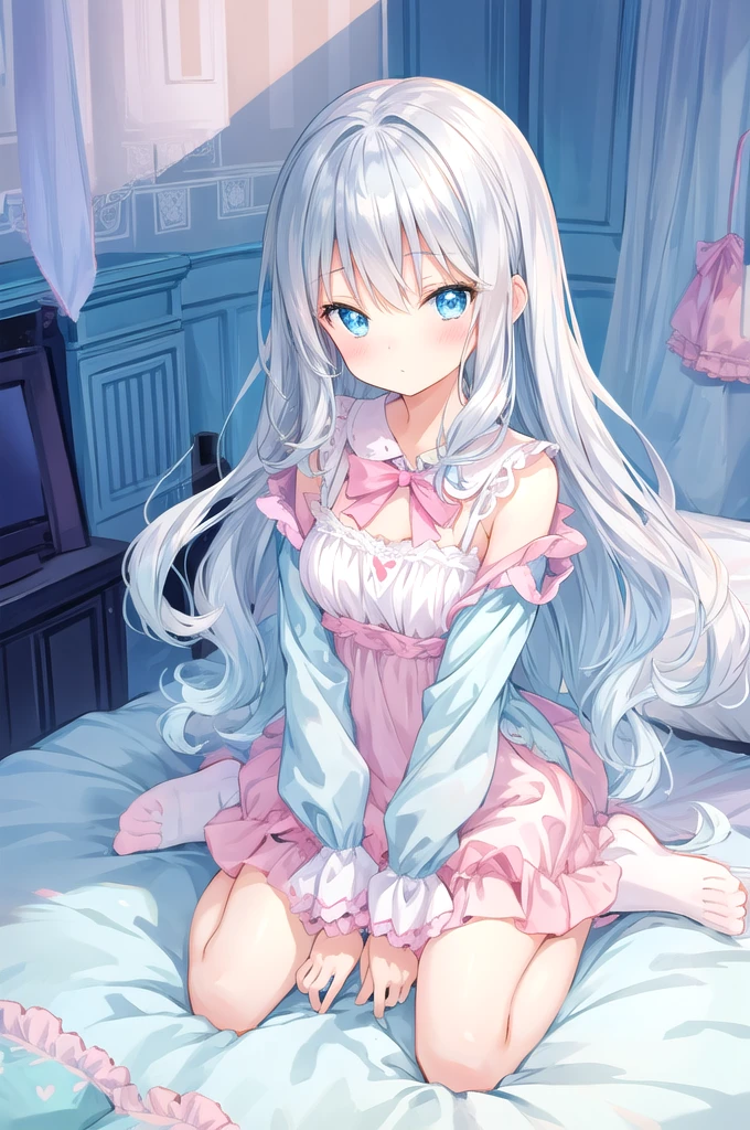 beautiful illustration, best quality, cute girl, bedroom,wariza, pastel color , silver long hair,  bright lighting, light blue eyes, 