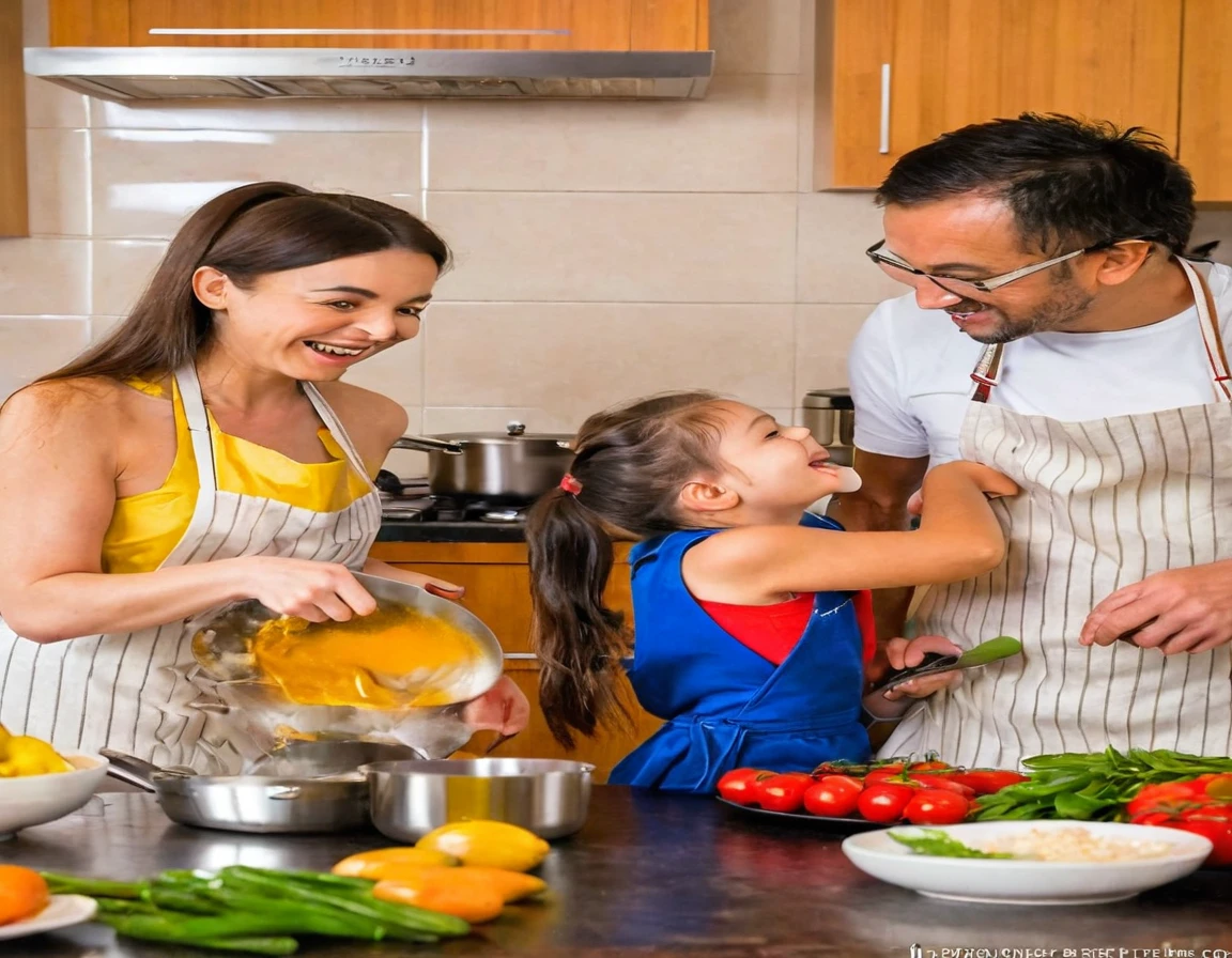 araffes and a woman and a are In the kitchen, cooking, Wearing an apron, In the kitchen里, photo, lifestyle, gourmet food, In the kitchen, French, , cooking show, happy , Husband, wife, son, children, European, shutter, healthy, photography, 营销photo, Mixed Art, Warm and convivial atmosphere