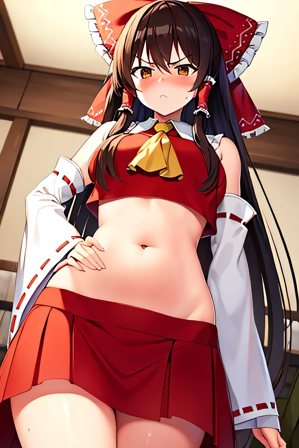 super fine illustration, vibrant colors, masterpiece, sharp focus, best quality, depth of field, cinematic lighting, ultra detailed, blush, shocked, angry, navel, belly button, tummy, hips, shrine maiden, hakurei reimu, 1girl, hair bow, ascot, hair tubes, detached sleeves, looking down, red shirt, red skirt, long skirt, very long hair, very messy hair, dark brown hair, indoors, mature woman