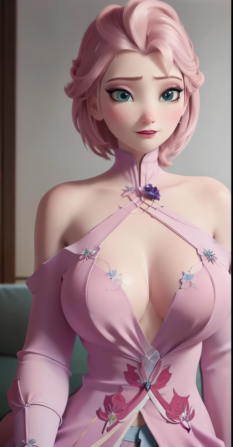 Elsa,chubby face,invent,face detail,blush,purple eye shadow, rose in hair,arise from,simple background, looking to the side,half shirt, White dress, No blouse, without bra, visible chest peak, (big tits) (big breasted) (fully exposed chest) ( naked and visible nipple) (big tits) (big breasted) (fully exposed chest) ( naked and visible nipple) big tits) (big breasted) (fully exposed chest) ( naked and visible nipple
