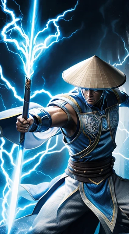 Raiden, Mortal Combat, wears white cloak, A Vietnamese hat, shining blue eyes, wields baton, God of thunder, protector of the Earth Plane, intricate, high détail, sharp focus, dramatic, photorealistic paint art by greg rutkowski