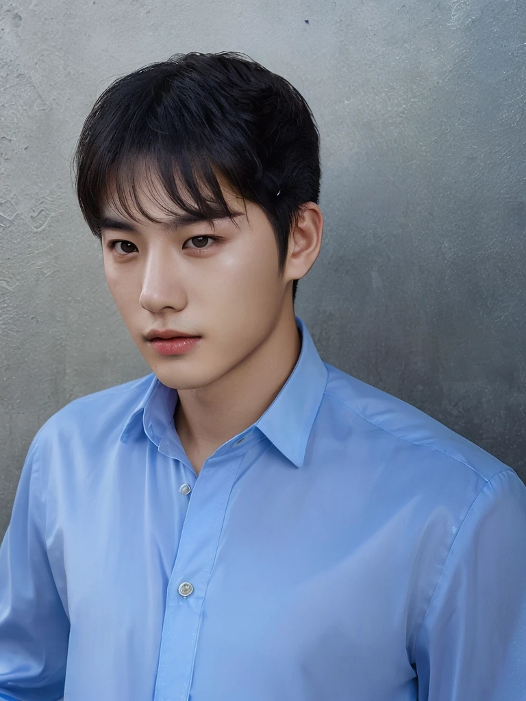 Best Quality, 8k, Masterpiece, (Portrait: 1.3), (photo realistic:1.4), (hyper realistic:1.4), Sharp Focus, looking at viewer, (smoother lighting:1.1), (increase cinematic lighting quality:0.9), realistic lighting, backlighting, light on face, ray trace, (brightening light:1.2), (Increase quality:1.4), sharp detail, (best quality real texture skin:1.4), finely detailed eyes, black_eyes, finely detailed face, 25 year old Korean man, (white formal_shirt:1.4), (Create an image maintaining the original base model hairstyle:1.5)
