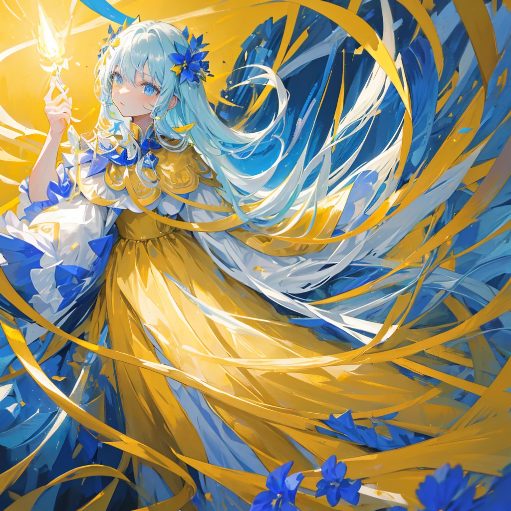 A long hair，Mage，Light yellow long hair，Holding a blooming blue flower，Dressed in gorgeous golden clothes，((Pure yellow background))