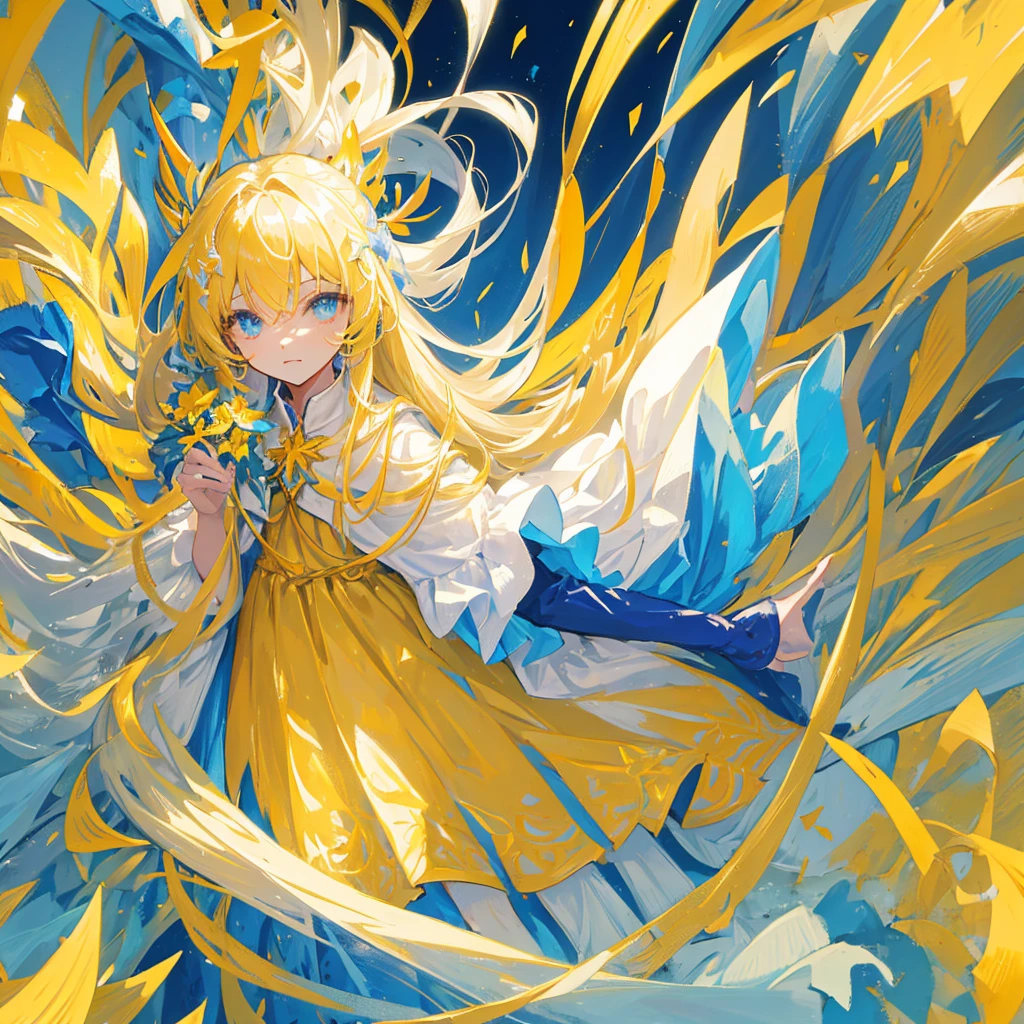 A long hair，Mage，Light yellow long hair，Holding a blooming blue flower，Dressed in gorgeous golden clothes，((Pure yellow background))