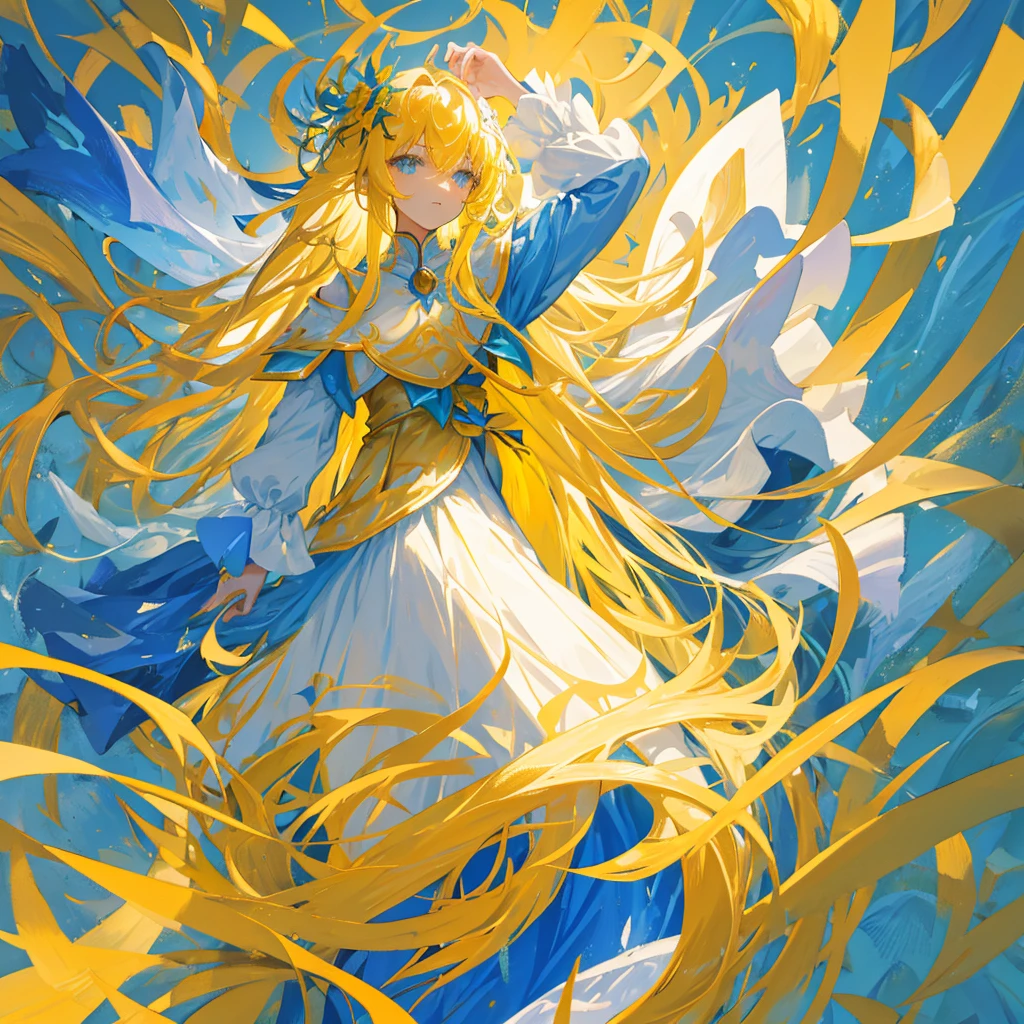 A long hair，Mage，Light yellow long hair，Holding a blooming blue flower，Dressed in gorgeous golden clothes，((Pure yellow background))