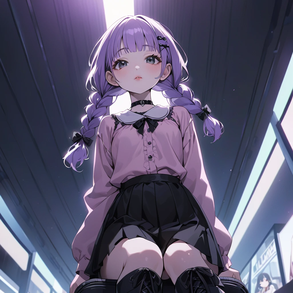 masterpiece, ultra detailed, 8K, solid blue Skyscrapers background, full body shot, Angle looking up from below.happy, a girl, kawaii, light atmosphere, mysterious atmosphere, (Cute a girl:1.5), (a girl with closs hair pin,pale purple hair,wavy two braids,bluntbangs hair,green and black eyes,
pink shirt,cosplay, jirai kei, bangs, black skirt, black bow, looking at viewer, bow, long sleeves, choker, ribbon,pink lips,Thick-soled boots,fullbody shot :1.4),pussy focus,Masturbation Female,
(masterpiece:1.3), anime visual, (Lovey-dovey:1.5), (tilt head:1.3), extremely delicate face, soft clean focus, realistic lighting and shading, (an extremely delicate and beautiful art:1.3), elegant, (muted colors:1.1), small breast,slim,Sitting on a carry-on bag in Shinjuku Tower ,n mall,night lit,