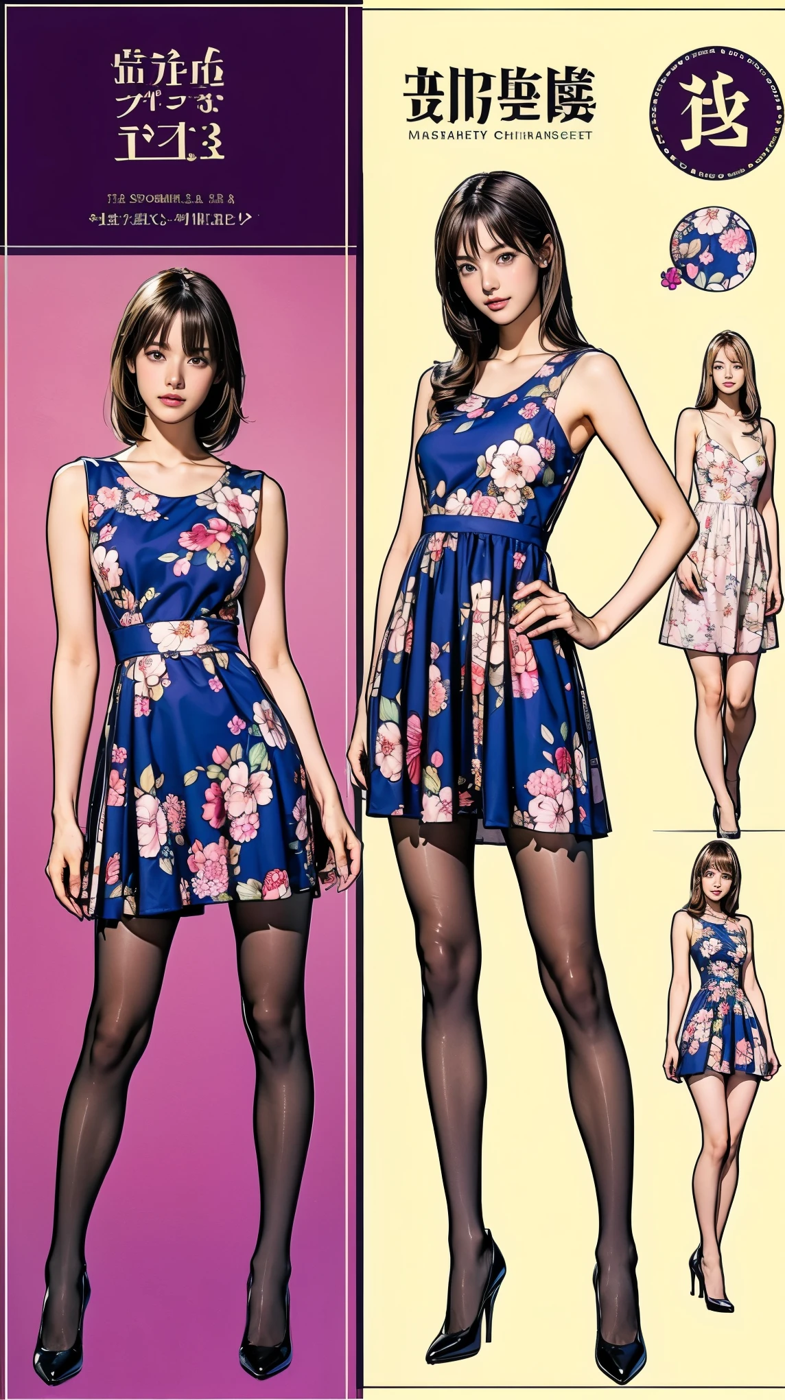 ((masterpiece)),(((Highest quality))),((Character design sheet)),Thin thighs,Long legs,whole body:1.5,(One Girl:1.3),(Black pantyhose and thick pointy heels:1.3),(Wearing a floral dress:1.2),Short blonde:1.2、Model pose,