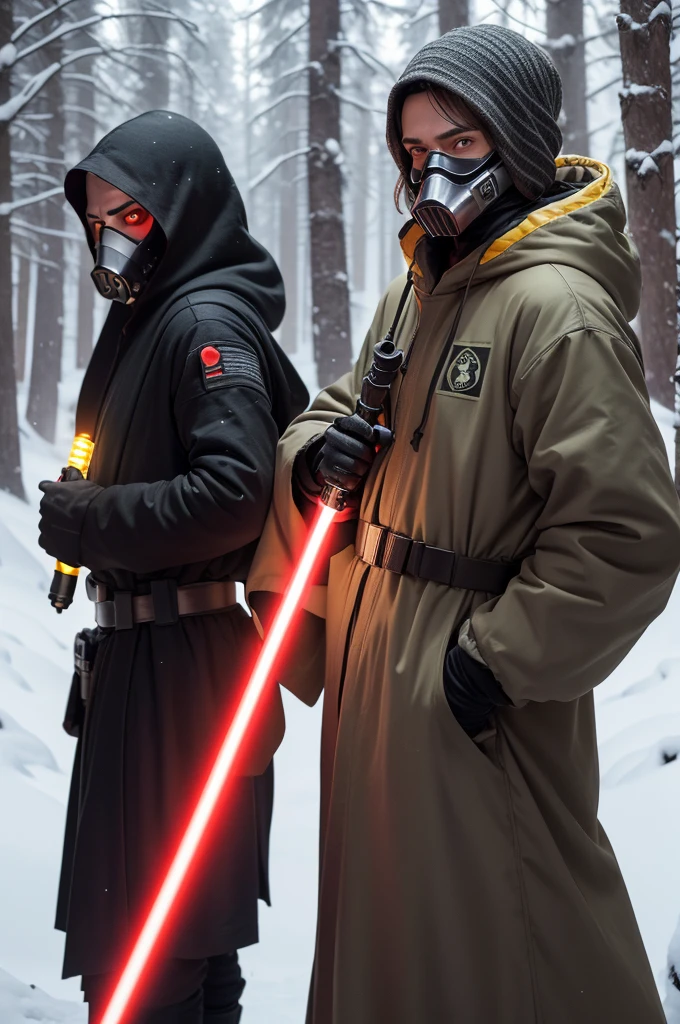 jedi (on the right, com roupas jedi claras, gray brown hair and beard, with yellow lightsaber) fighting a Sith (hooded in black and with an advanced gas mask and red eye visor, with red lightsaber) in a forest full of snow.
It's a picture of a lightsaber duel
