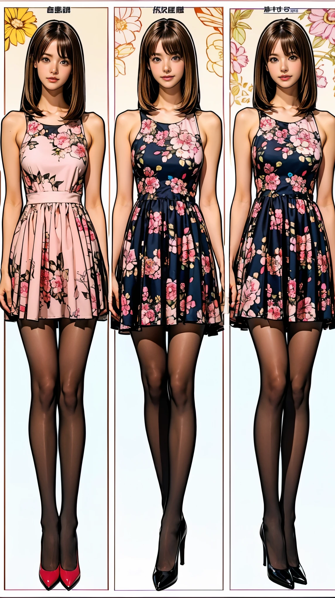 ((masterpiece)),(((Highest quality))),((Character design sheet)),Thin thighs,Long legs,whole body:1.5，(One Girl:1.3),(Black pantyhose and thick pointy heels：1.3),(Wearing a floral dress:1.2),Short blonde:1.2、Model pose，