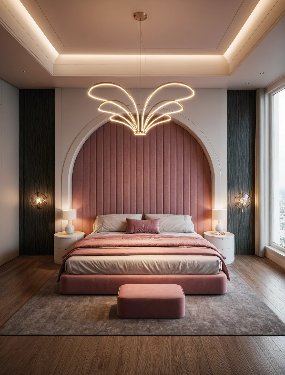 Raw photo,Masterpiece, high quality, best quality, authentic, super detail, interior, ((girl's bedroom)), ( style modern luxury), sunset, day light, bed, carpet, curves, bedside cabinets, wood floor, table lamps, butterfly chandelier , windows, downlight, black and pink tones, flower vase