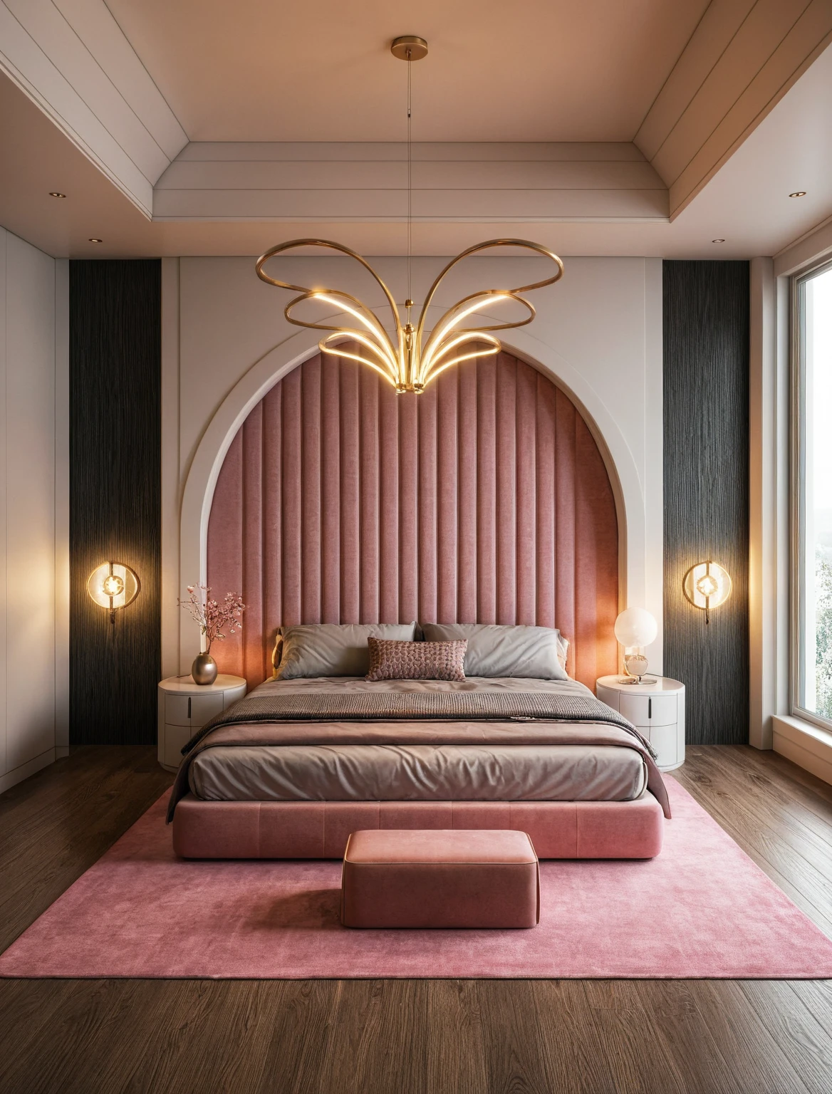 Raw photo,Masterpiece, high quality, best quality, authentic, super detail, interior, ((girl's bedroom)), ( style modern luxury), sunset, day light, bed, carpet, curves, bedside cabinets, wood floor, table lamps, butterfly chandelier , windows, downlight, black and pink tones, flower vase