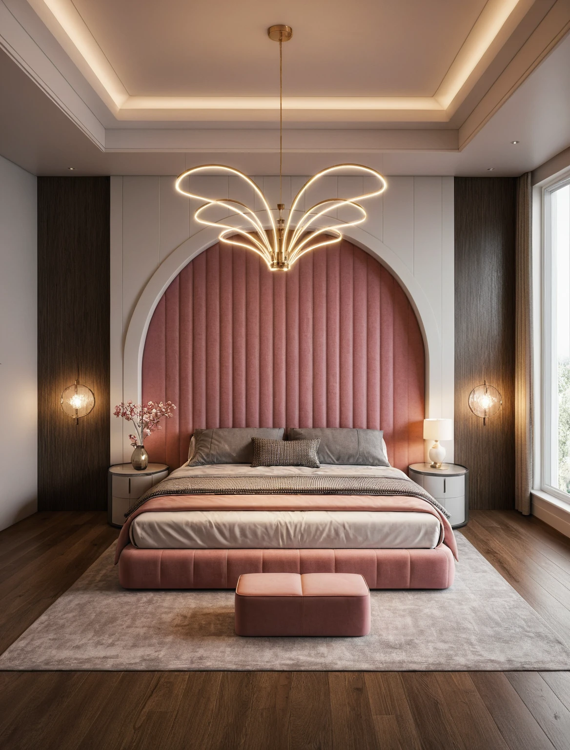 Raw photo,Masterpiece, high quality, best quality, authentic, super detail, interior, ((girl's bedroom)), ( style modern luxury), sunset, day light, bed, carpet, curves, bedside cabinets, wood floor, table lamps, butterfly chandelier , windows, downlight, black and pink tones, flower vase