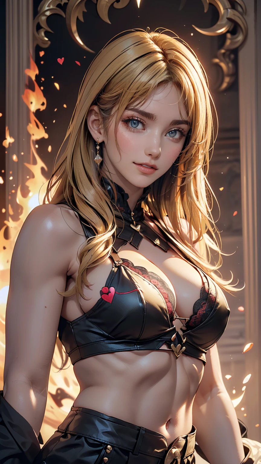 masterpiece, Highest quality, (Beautiful Face: 1.1), (Realistic: 1.5) (Blonde Witch, Marisha Becker, 30-year-old woman, Fire Magic: 1.3), Upper Body、Sexy proportions、Sexy、Narrow waist、Make a heart mark with your finger