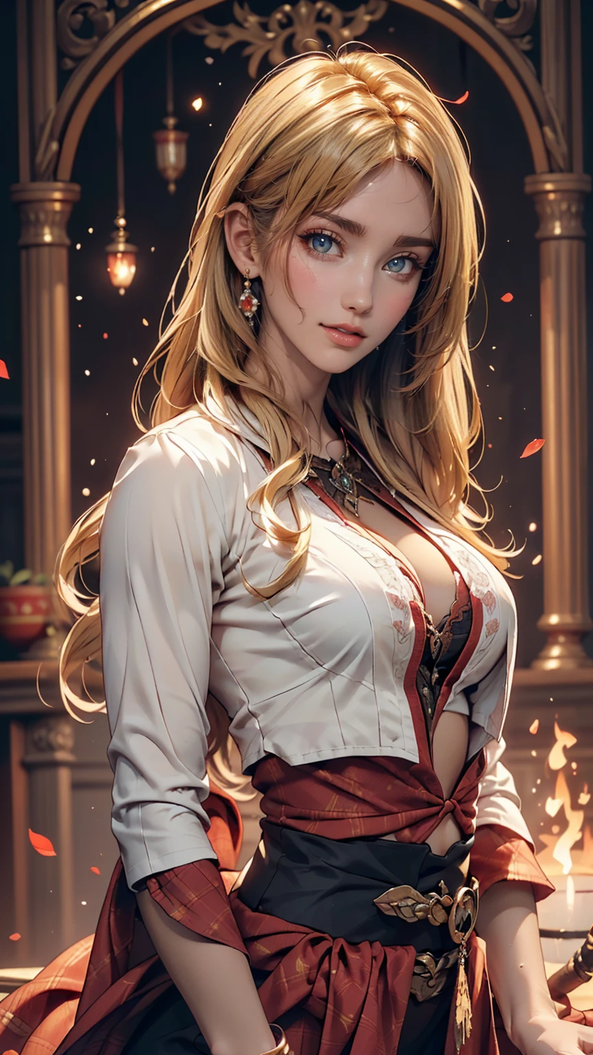 masterpiece, Highest quality, (Beautiful Face: 1.1), (Realistic: 1.5) (Blonde Witch, Marisha Becker, 30-year-old woman, Fire Magic: 1.3), Upper Body、Sexy proportions、Sexy、Narrow waist、Make a heart mark with your finger