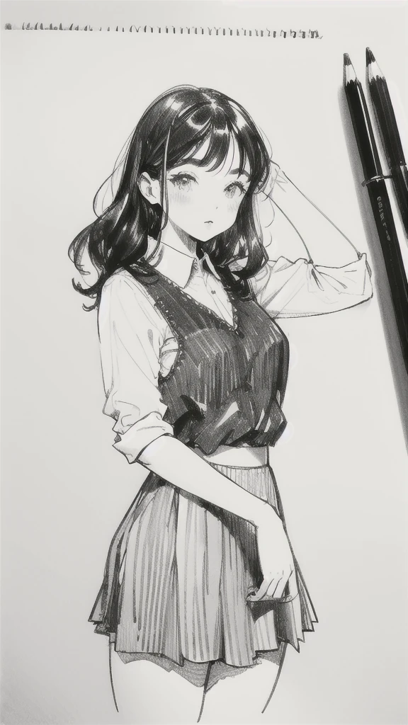 One Girl,Line art,Monochrome,sketch,Pencil drawing,Traditional Media,One Girl, skirt,Cute Teenage Girls, ,Beautiful portrait、Delicate body、Black Hair、Black Hair,landscape