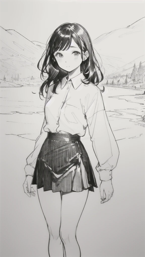 One Girl,Line art,Monochrome,sketch,Pencil drawing,Traditional Media,One Girl, skirt,Cute Teenage Girls, ,Beautiful portrait、Delicate body、Black Hair、Black Hair,landscape