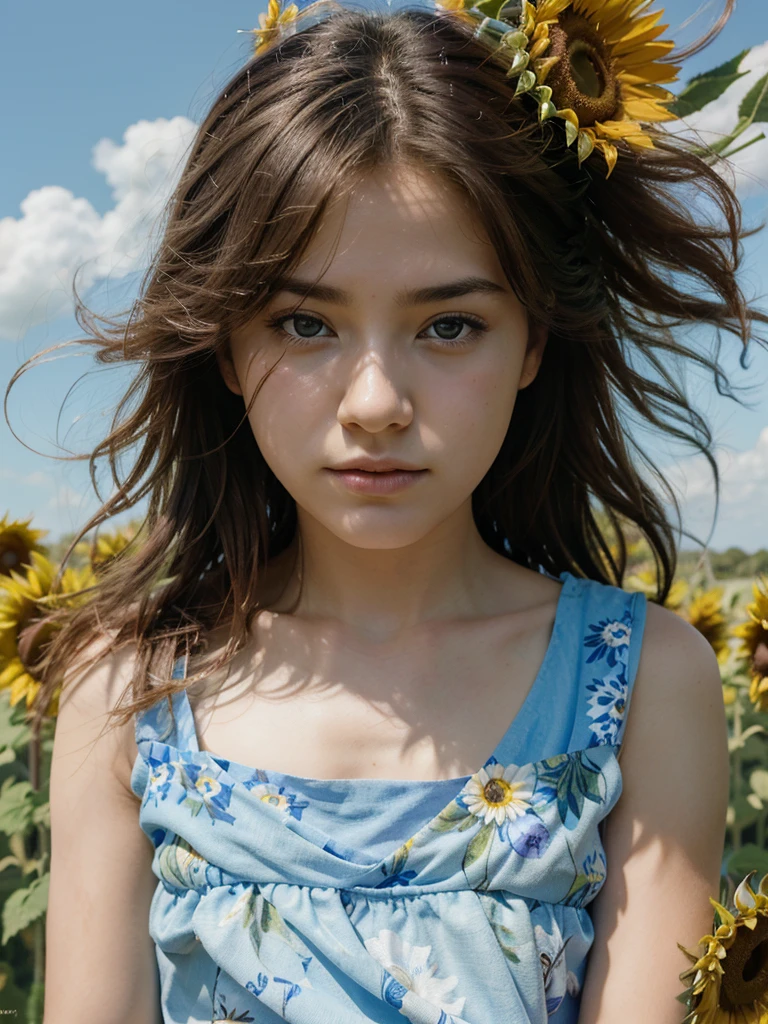 The composition of fictional characters, Dressed in young blue flowers, surrounded by sunflowers, The protagonist, with his eyes open, his hair blown by the wind, and the sun heals, close-up monochrome painting, cute, dreamy, oil painting style, acrylic paint,, Japanese, interesting concept, interesting drawing - ar 3:4 -s 20 -niji 5