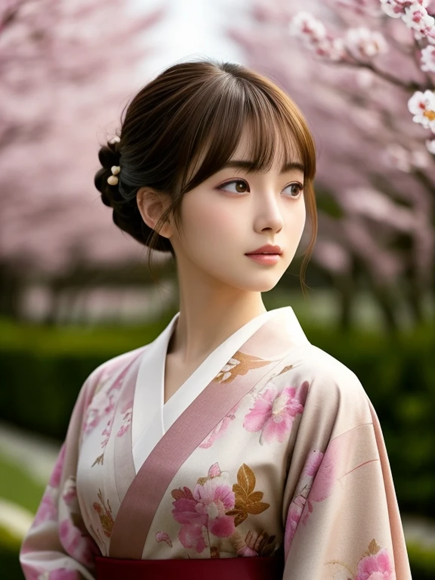 1 Japanese girl, (looking away:1.4), (upper body shot:1.2), Beautifully detailed eyeballs, catchlight in the eyes, Realistic digital painting of a woman portrait, Shy, Cute, open mouth to say something, happy, brown eyes, (half updo,:1.1), (light brown brunette hair:1.3), (Highly detailed skin:1.2), Mystical style, Global Illumination, Traditional Japanese　floral printed Kimono, A silk kimono with a deep red base. A garden with many blooming Iris