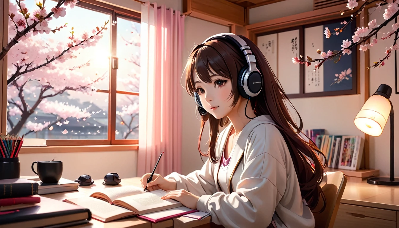 Beautiful girl studying while listening to music with headphones in her room, warm lighting, cherry blossoms blooming outside the room, Japanese anime style