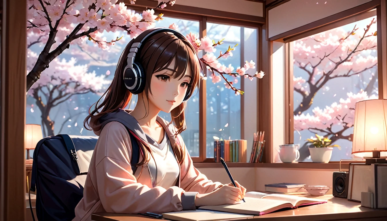 Beautiful girl studying while listening to music with headphones in her room, warm lighting, cherry blossoms blooming outside the room, Japanese anime style