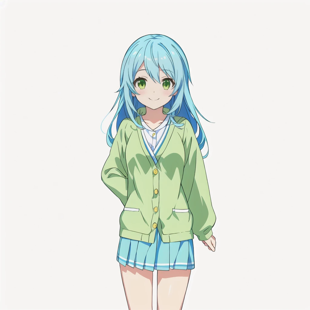 Highest quality, high resolution, High quality anime art style, Official Art, Smooth anime CG art, Stylized anime, Cute 3D anime girl render, Visual Novel Sprites, White background, whole body, Anime-style 3D, Smooth anime CG art, humanoid woman, JRPG Characters, Anime girl wearing a yellow cardigan and a yellow-green flared skirt, Knee-high socks, Anime girl with light blue hair, Moe sleeves, smile, Thin thighs, Thin legs. long hair, Small Bust, Small breasts,