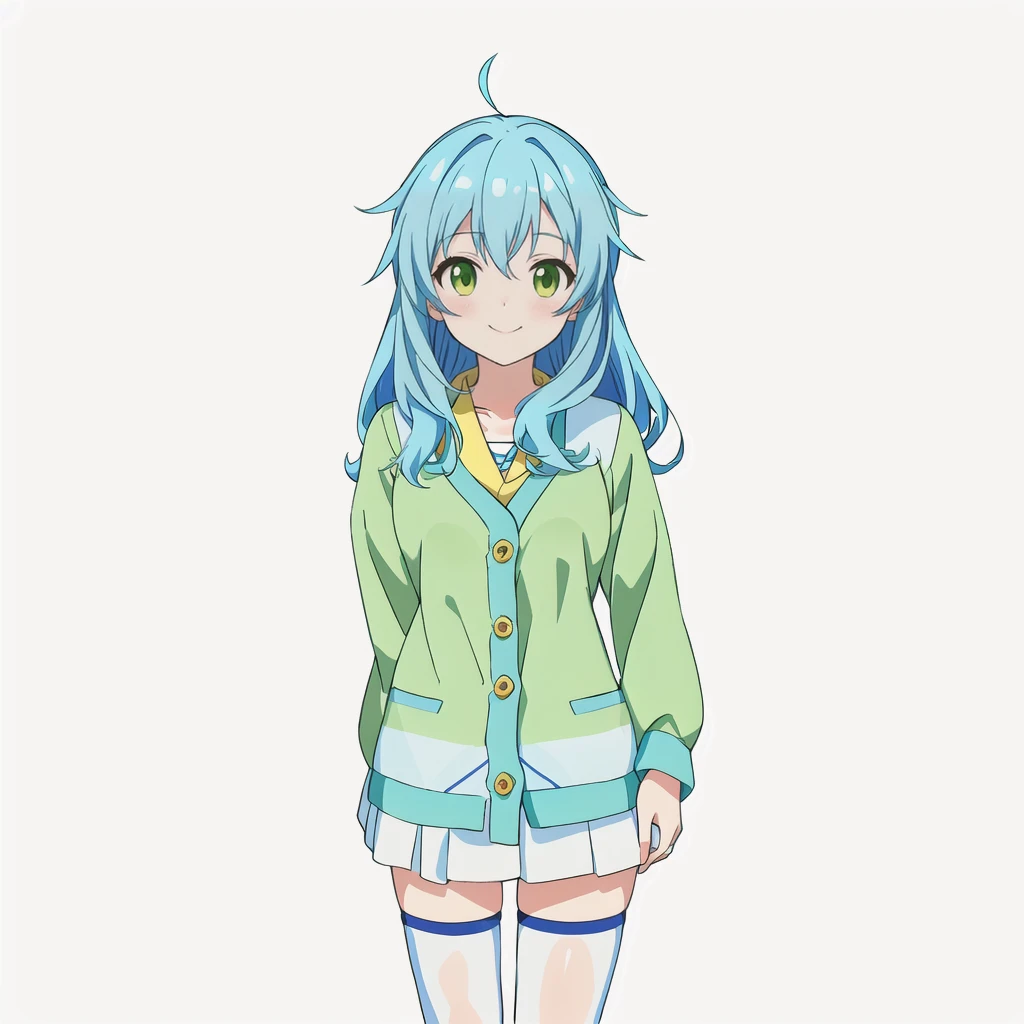 Highest quality, high resolution, High quality anime art style, Official Art, Smooth anime CG art, Stylized anime, Cute 3D anime girl render, Visual Novel Sprites, White background, whole body, Anime-style 3D, Smooth anime CG art, humanoid woman, JRPG Characters, Anime girl wearing a yellow cardigan and a yellow-green flared skirt, Knee-high socks, Anime girl with light blue hair, Moe sleeves, smile, Thin thighs, Thin legs. long hair, Small Bust, Small breasts, 12 years old