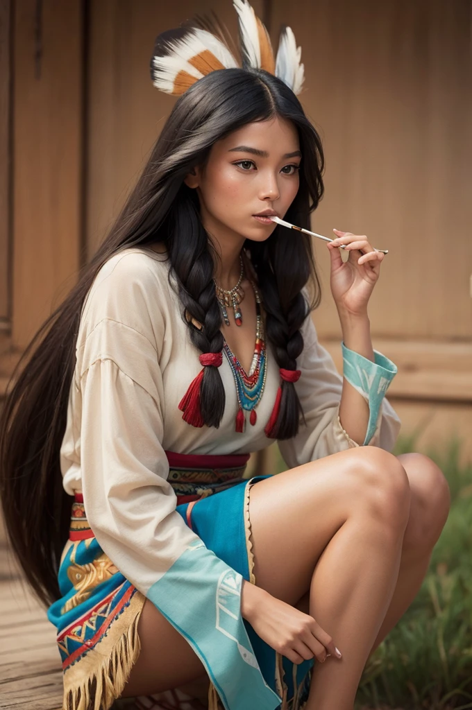 Drawing Pocahontas Disney smoking on her knees indigenous dress hair in the wind