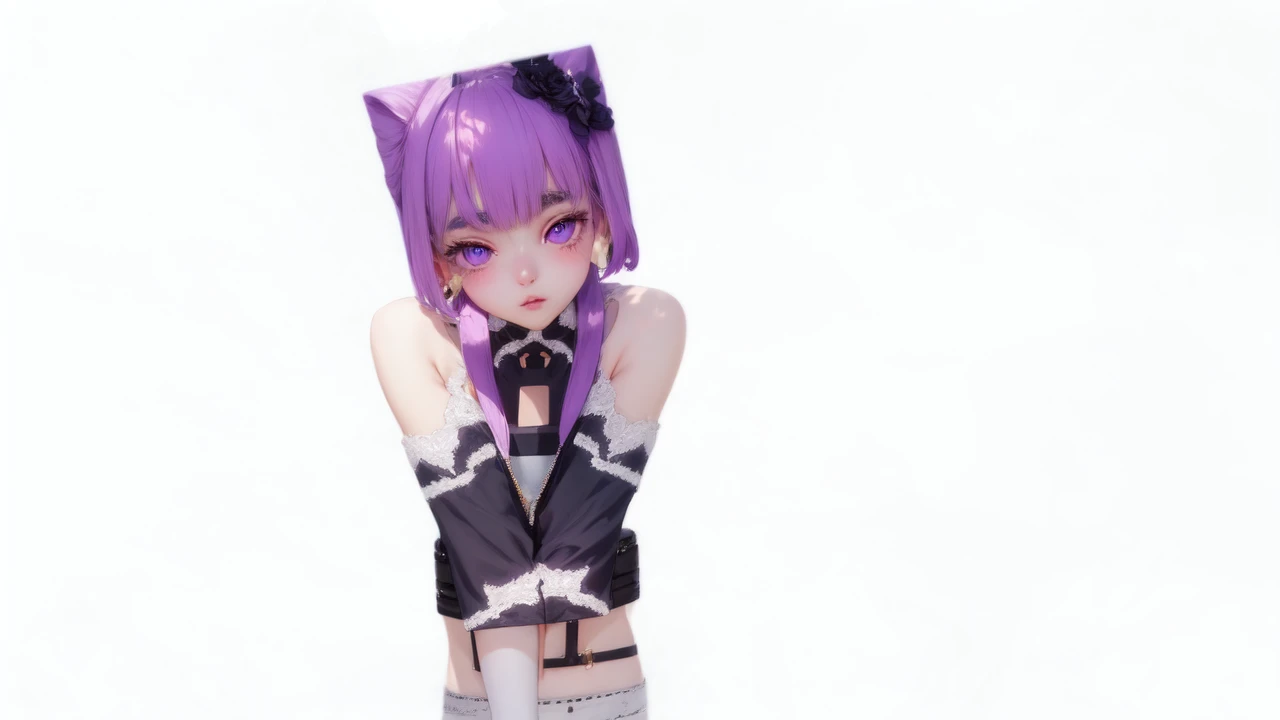 realistic, 1girl, white hair, purple eyes, glowing eyes, crop top, skirt, parted lips, blush, night, flowers, sun, sunlight,