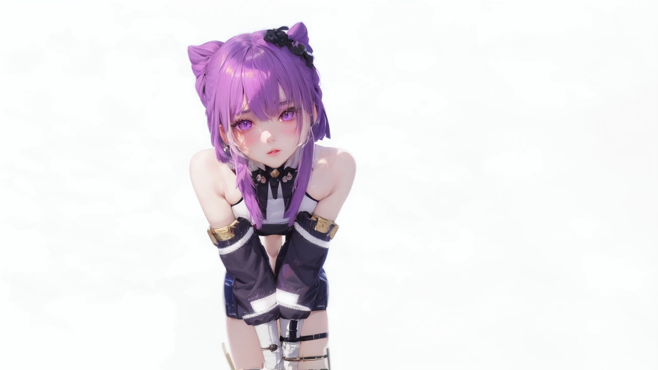 realistic, 1girl, white hair, purple eyes, glowing eyes, crop top, skirt, parted lips, blush, night, flowers, sun, sunlight,