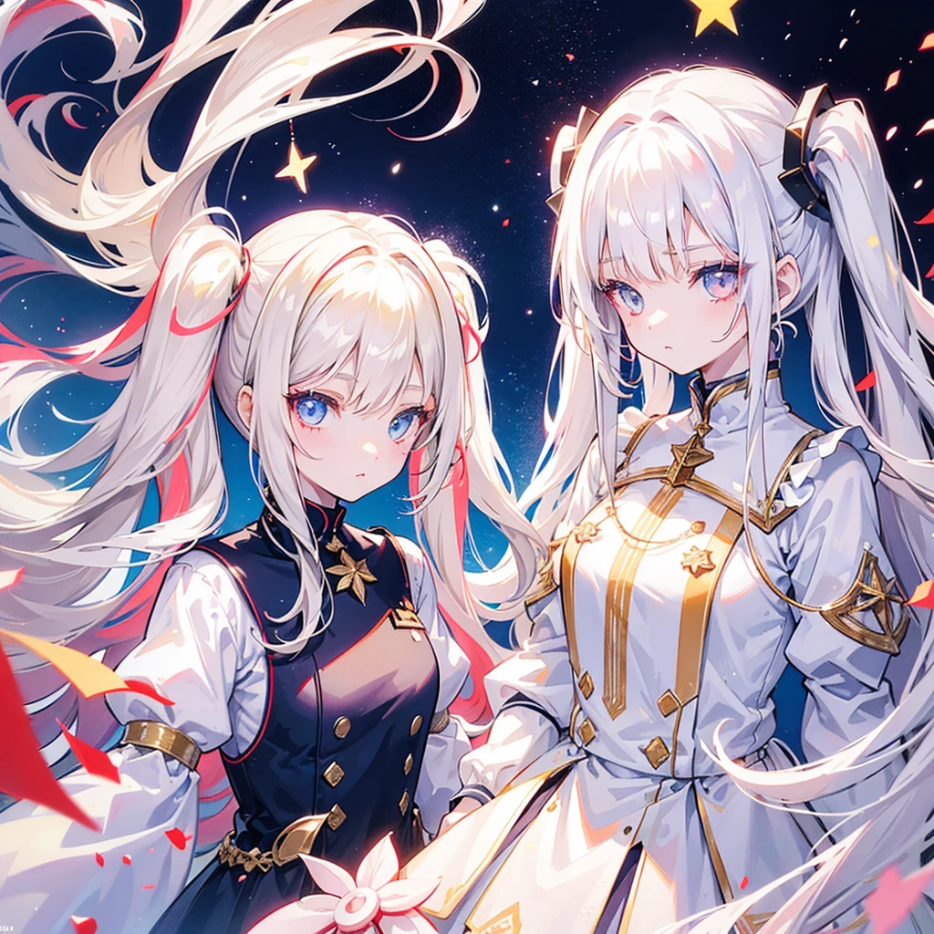 Two girls, one with beige hair and red eyes, the other with white hair and blue eyes, twin tails, long hair, white background, colorful pastel stars, light, high quality, mecha musume, Colorful portraits