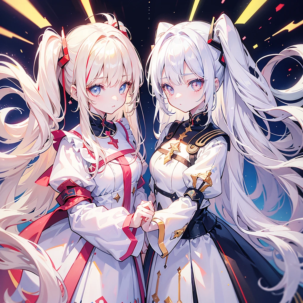 Two girls, one with beige hair and red eyes, the other with white hair and blue eyes, twin tails, long hair, white background, colorful pastel stars, light, high quality, mecha musume, Colorful portraits