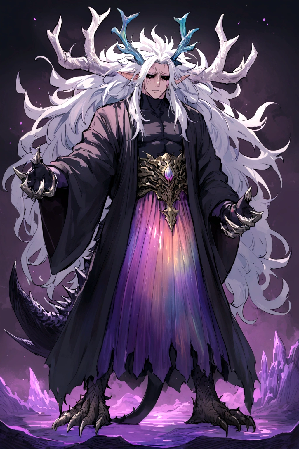 solo, 20 year old male, character fusion, nidhogg fused with odin and sun wukong, tall tanned man with wild unruly white hair, bangs on face, bangs, ((iridescent irises)), black sclera on eyes, long voluminous hair, spiky hair, pointy ears, fit , clawed fingers, dragon tail, open haori, turtleneck tanktop, manly jaw, dark crystal antlers, exhausted expression, khaenr'ah abyss, draconic person, calamity incarnate, full body