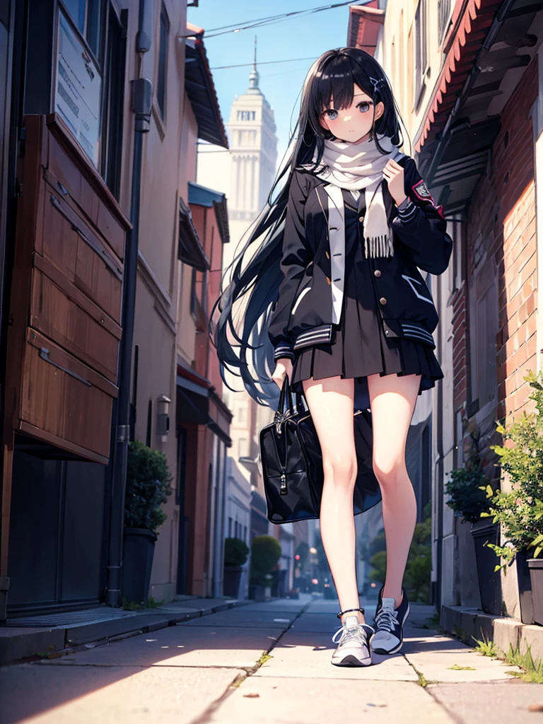 1girl,,legwear,,anklet,black hair,straight_hair,hime cut,long hair,sneakers,huge filesize,scarf，Uniforms，lace,student， Jacket