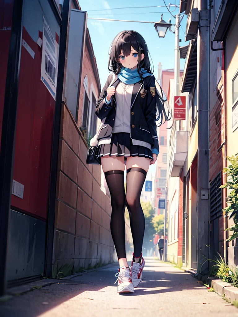 1girl,,legwear,,anklet,black hair,straight_hair,hime cut,long hair,sneakers,huge filesize,scarf,Uniforms,lace,student, Jacket