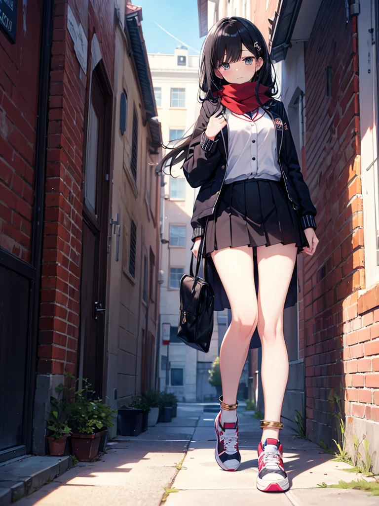1girl,,legwear,,anklet,black hair,straight_hair,hime cut,long hair,sneakers,huge filesize,scarf,Uniforms,lace,student, Jacket