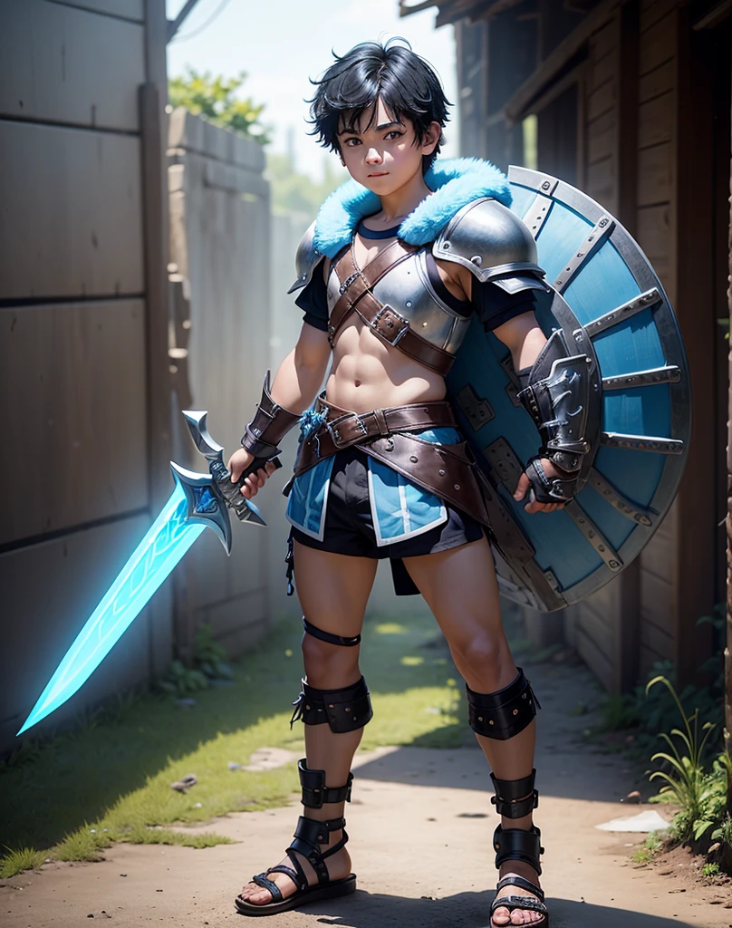 Young 13-year-old boy with black hair and brown eyes, innocent and happy, dressed in short neon-blue medieval barbarian clothes, fur shorts, light-blue battle armor, weilding silver sword and shield, sandals; fullbody; short hair, boyish athletic, sexy,