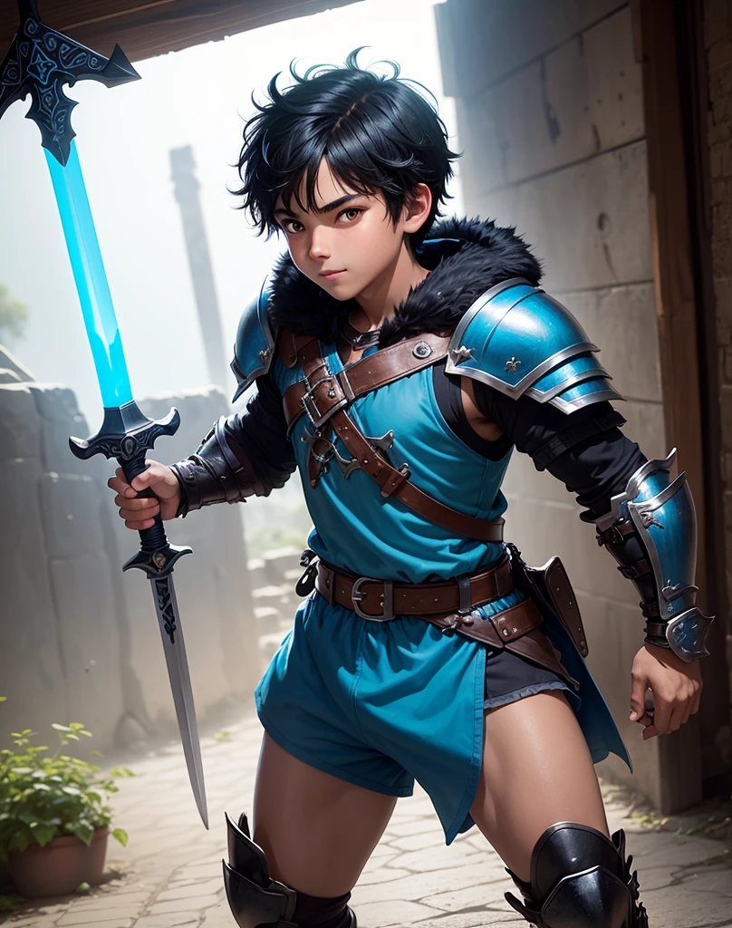 Young 13-year-old boy with black hair and brown eyes, innocent and happy, dressed in short neon-blue medieval barbarian clothes, fur shorts, light-blue battle armor, weilding silver sword and shield, sandals; fullbody; short hair, boyish athletic, sexy,