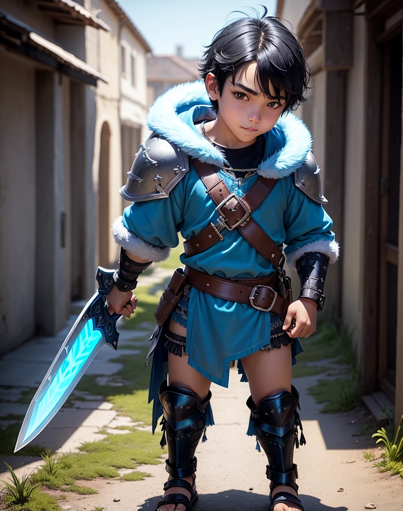 Young 13-year-old boy with black hair and brown eyes, innocent and happy, dressed in short neon-blue medieval barbarian clothes, fur shorts, light-blue battle armor, weilding silver sword and shield, sandals; fullbody; short hair, boyish athletic, sexy,