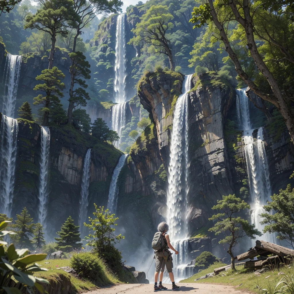 ((masterpiece)), ((best quality)), (ultra-detailed), ((extremely detailed)), 4K, (8K), best quality, a woman, (( gray hair)), ((curly bob cut)), hair in 7 thirds, 20 years old, ((wavy hair)), ((1girl, solo))
In the woods, hiking, white tank top, moss green cargo pants, ((((carrying a large climbing backpack)),)), huge trees, beautiful scenery, huge waterfall, divine, climbing shoes, standing, from behind, back view, (( gigantic scale))