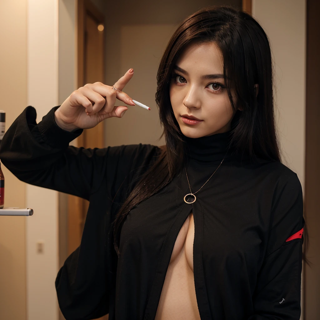 Anime woman holds a cigarette and rubs it, red eyes, black clothes with long sleeves that are open on the right side.