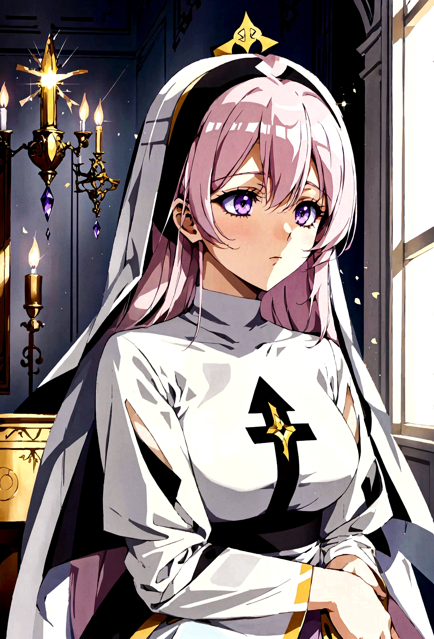 Create a best quality anime style art image of a white woman with long pastel pink hair. She has bangs and purple eyes. She is a nun (nun) dressed in royal clothes in black tones, offwhite, full of golden details. She is praying with a serious expression on her face. The background must be illuminated by a holy light, with light particles floating in the air, to create a serene and spiritual environment.
