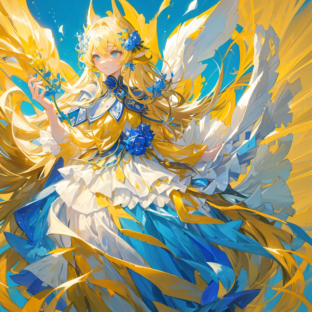 A long hair,Mage,Light yellow long hair,Holding a blooming blue flower,Dressed in gorgeous golden clothes,((Pure yellow background))