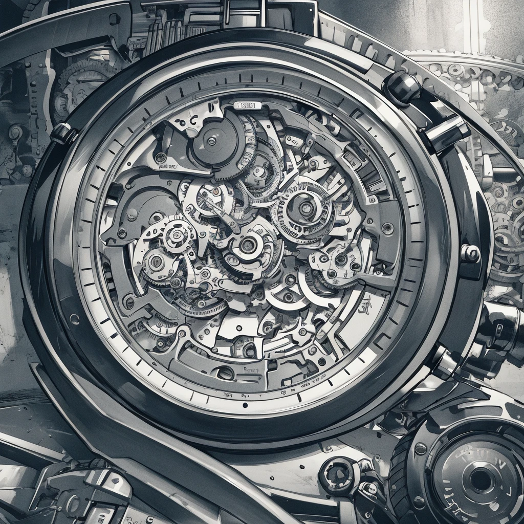 Monochrome illustration with emphasized shadows、A machine with intricately intertwined gears, like the inside of a retro analogue watch.、Precise depiction、Machine close up