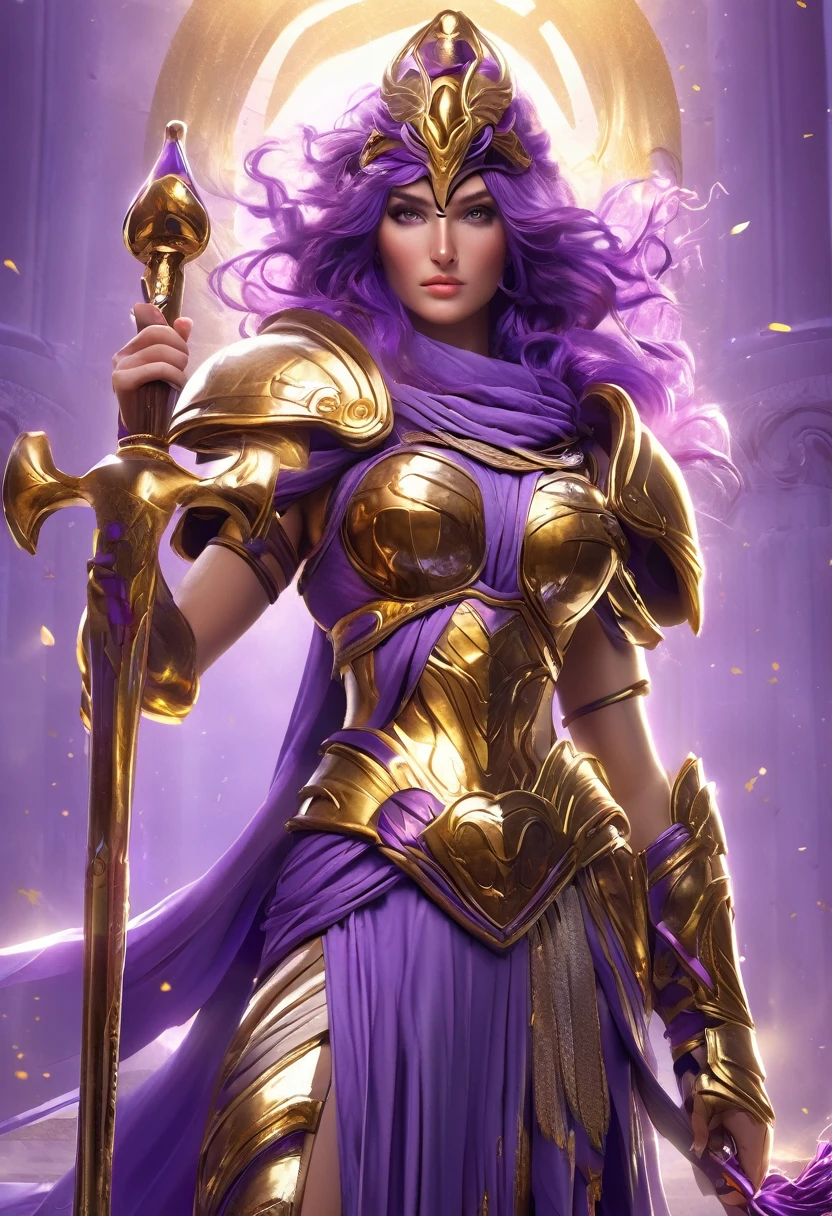 Athena, greek goddes, powerfull, purple hair, Golden armour, holding a scepter, realistic, very detailed, 4K