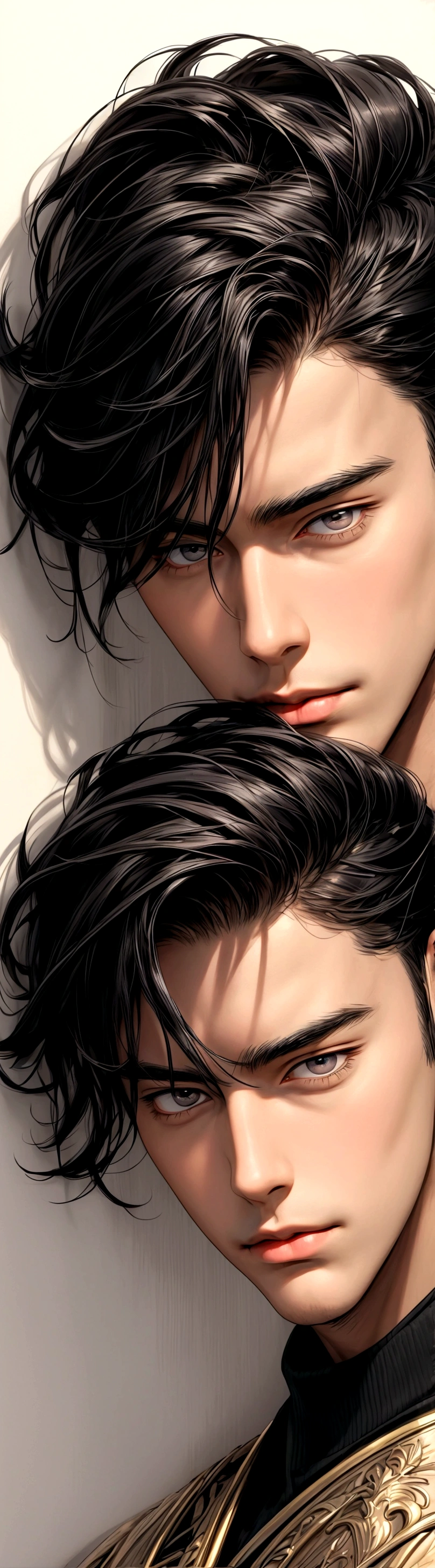 (masterpiece best qualtiy AI art, high qualtiy digital art)(20 AS Adult boy)1boy, tall, stronger, black hair, handsome face, charming face, fresh face, detail face, cute lips, Sharp eyes, thick neck, pointed chin, ignore face, smirk face,golden frame wall background
