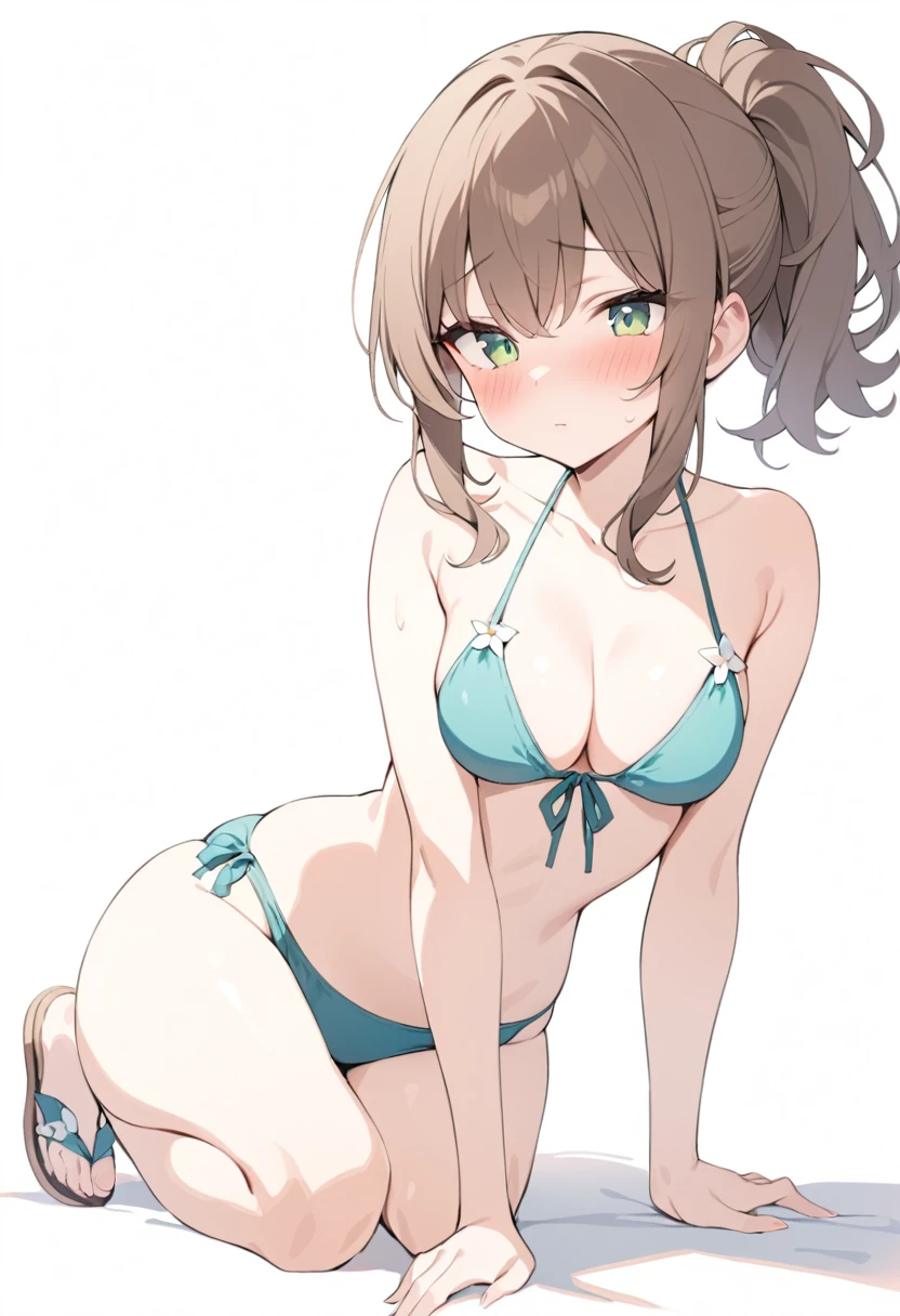 (masterpiece), (best quality), 1girl, medium breasts, brown hair, ponytail, wavy ponytail, green eyes, swimsuit, bikini, shy, blush, looking at you, full body, white background