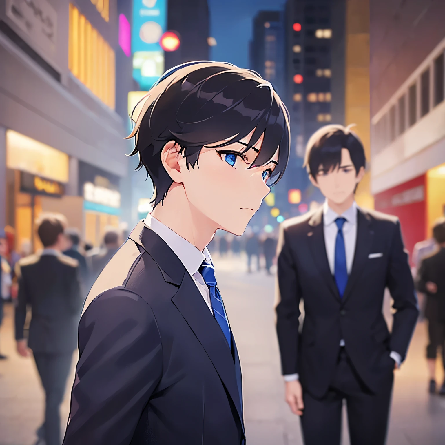 (looking away:1.5), side angle, close up of your face、shiny skin, masterpiece、Highest quality、(25-year-old male:1.5) and (Black short hair) and (blue eyes), (Wearing a suit:1.5) and (Blue tie)、Are standing、(sad:1.5)、The background is a shopping street at night、alone