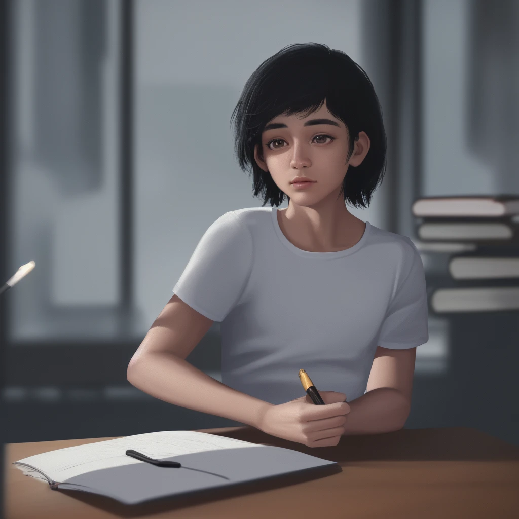 detailed portrait of a young man sitting in a classroom, wearing a white t-shirt and holding a pen, black short hair, exams and books on the desk, upper body focus, Loepfe artistic style, popular on CGStation, Xinhaicheng H 2160, inspired by Bian Shoumin, Xinhaicheng, Planned, guvitz style, best quality, 4k, 8k, highres, masterpiece:1.2, ultra-detailed, realistic, photorealistic, photo-realistic:1.37, HDR, UHD, studio lighting, ultra-fine painting, sharp focus, physically-based rendering, extreme detail description, professional, vivid colors, bokeh
